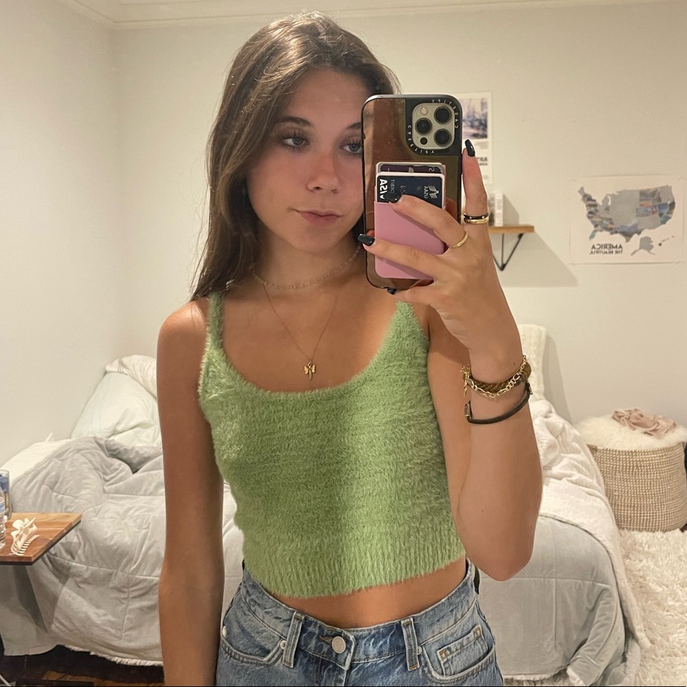 Green fuzzy crop top